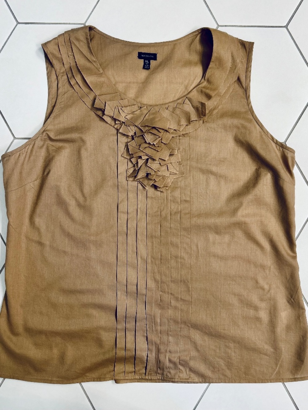 Madison Light Brown Sleeveless Ruffle Neck Blouse, Size XL